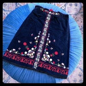 Anthropologie stretch velvet embroidered skirt